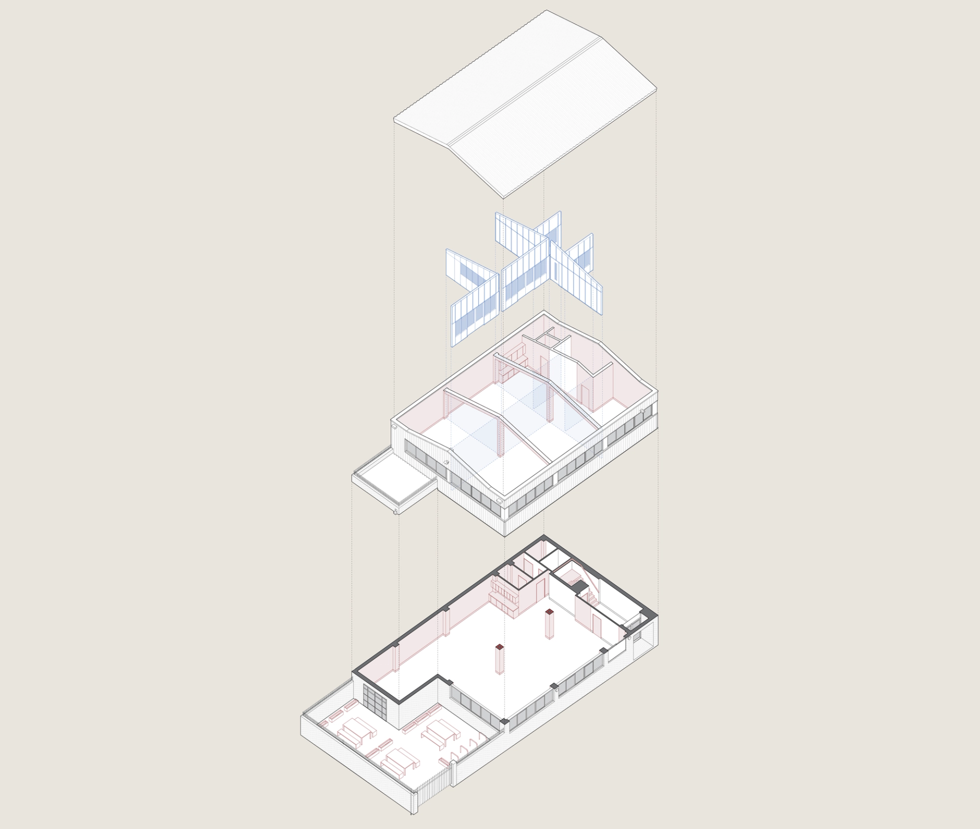 Exploded axonometric drawing of the Vyner Studios fit-out