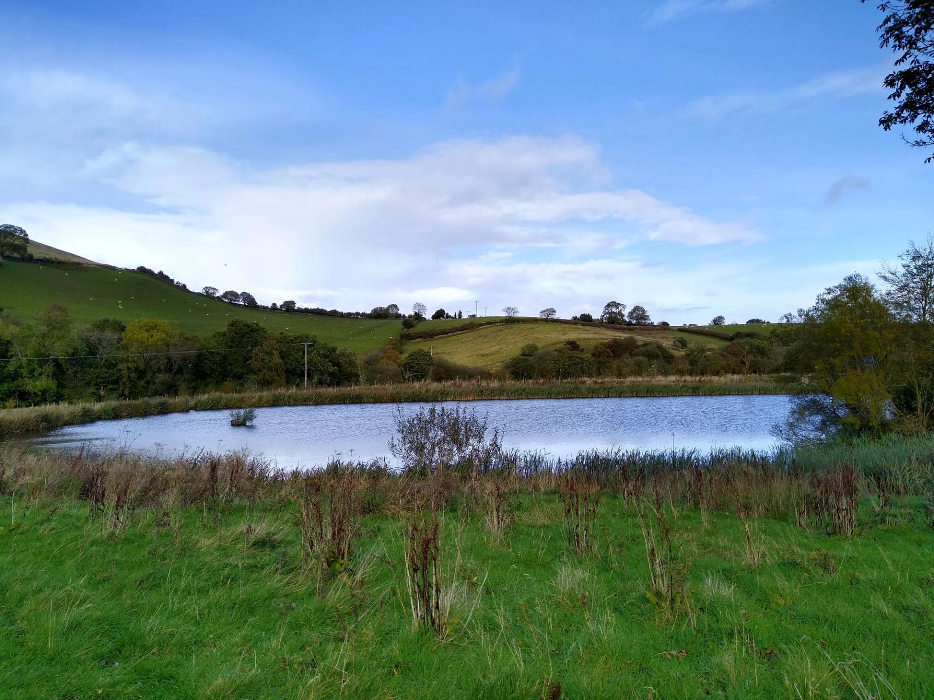 Countryside site for farm development project with grassy hills and lake