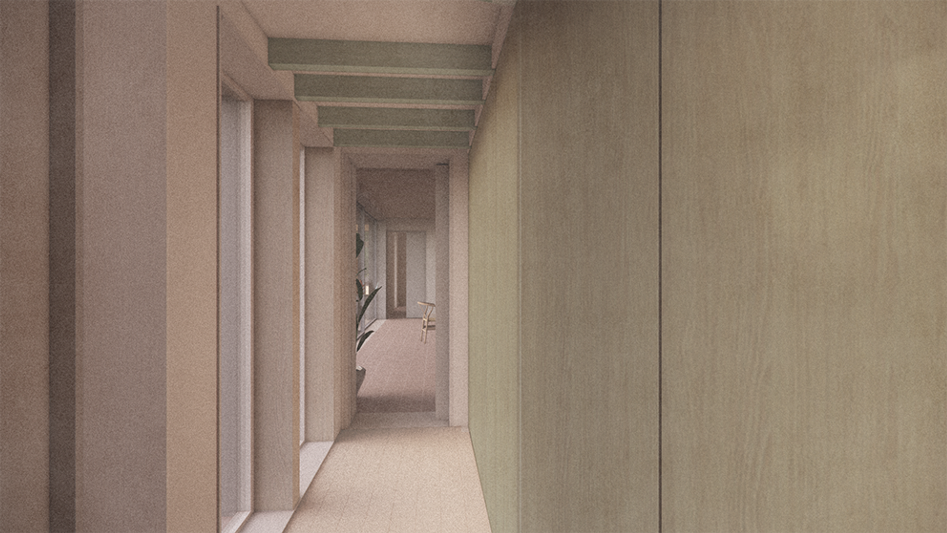 A Quiet Space within the Quiet house with a closed, stained timber partition