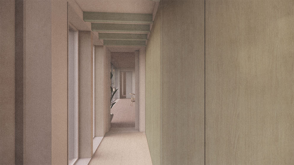 A Quiet Space within the Quiet house with a closed, stained timber partition