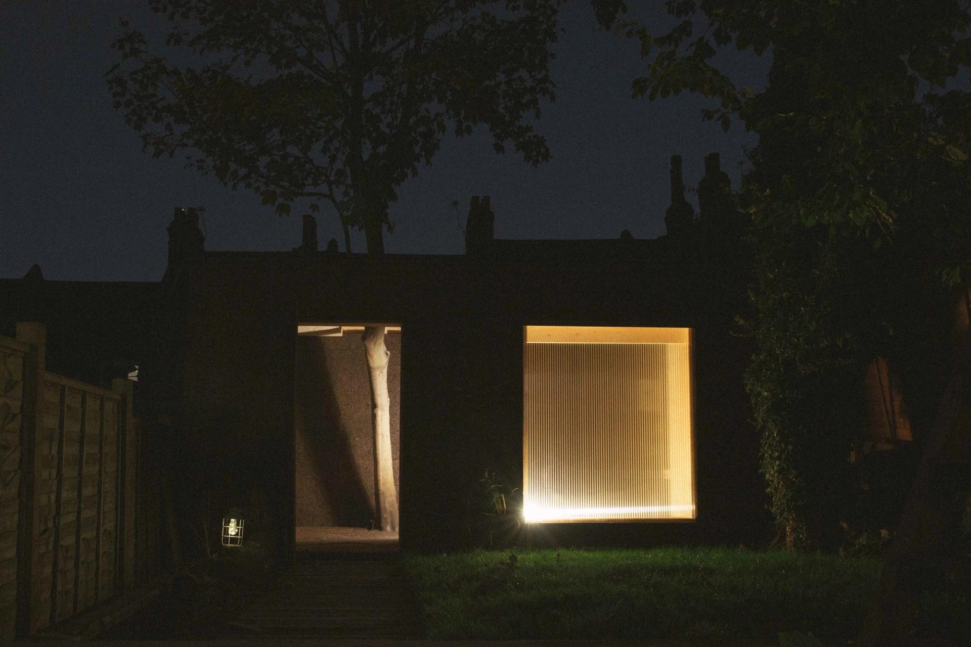 Cork studio at night whilst lit up inside