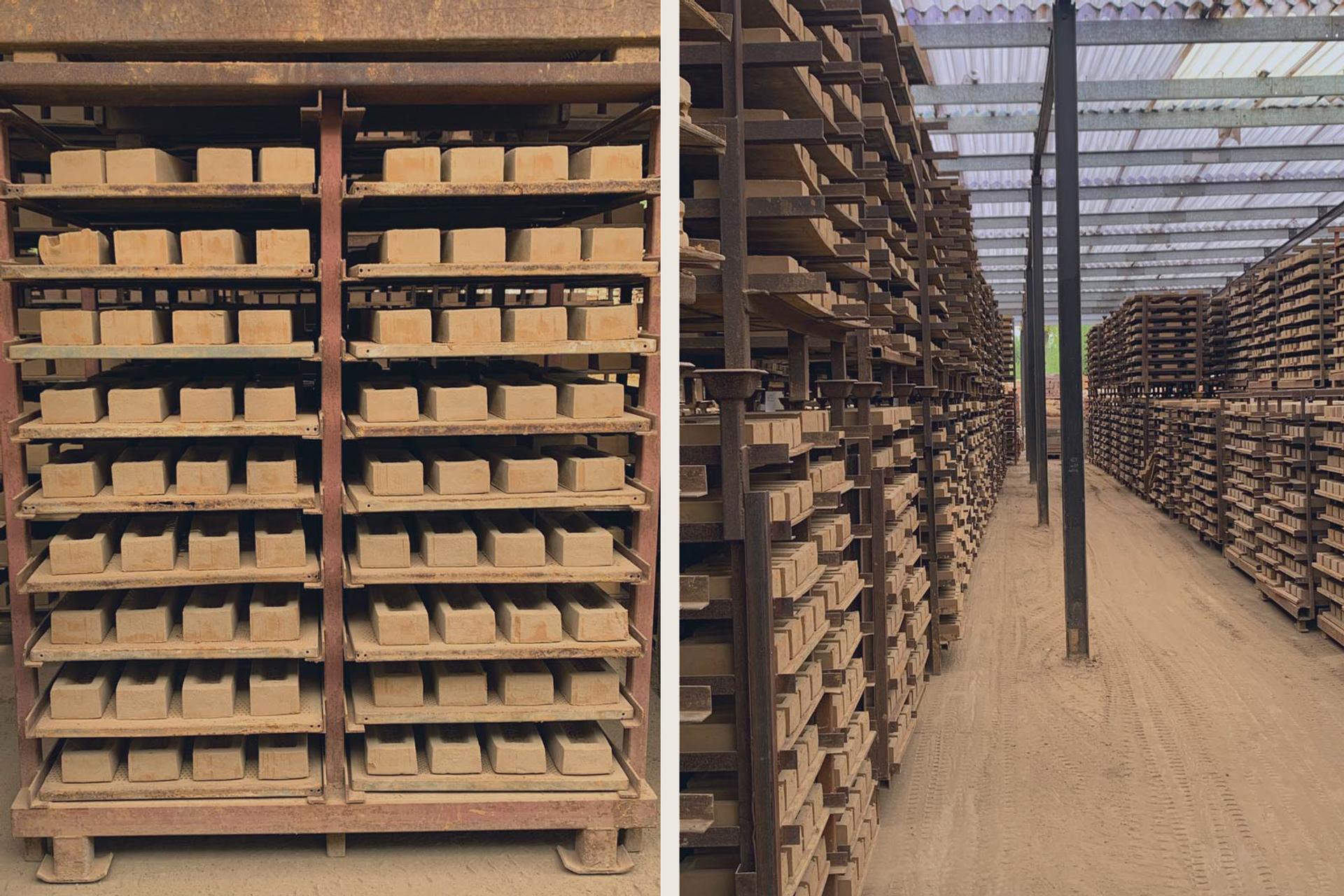 Stacked bricks airdrying in the HG Matthews warehouse
