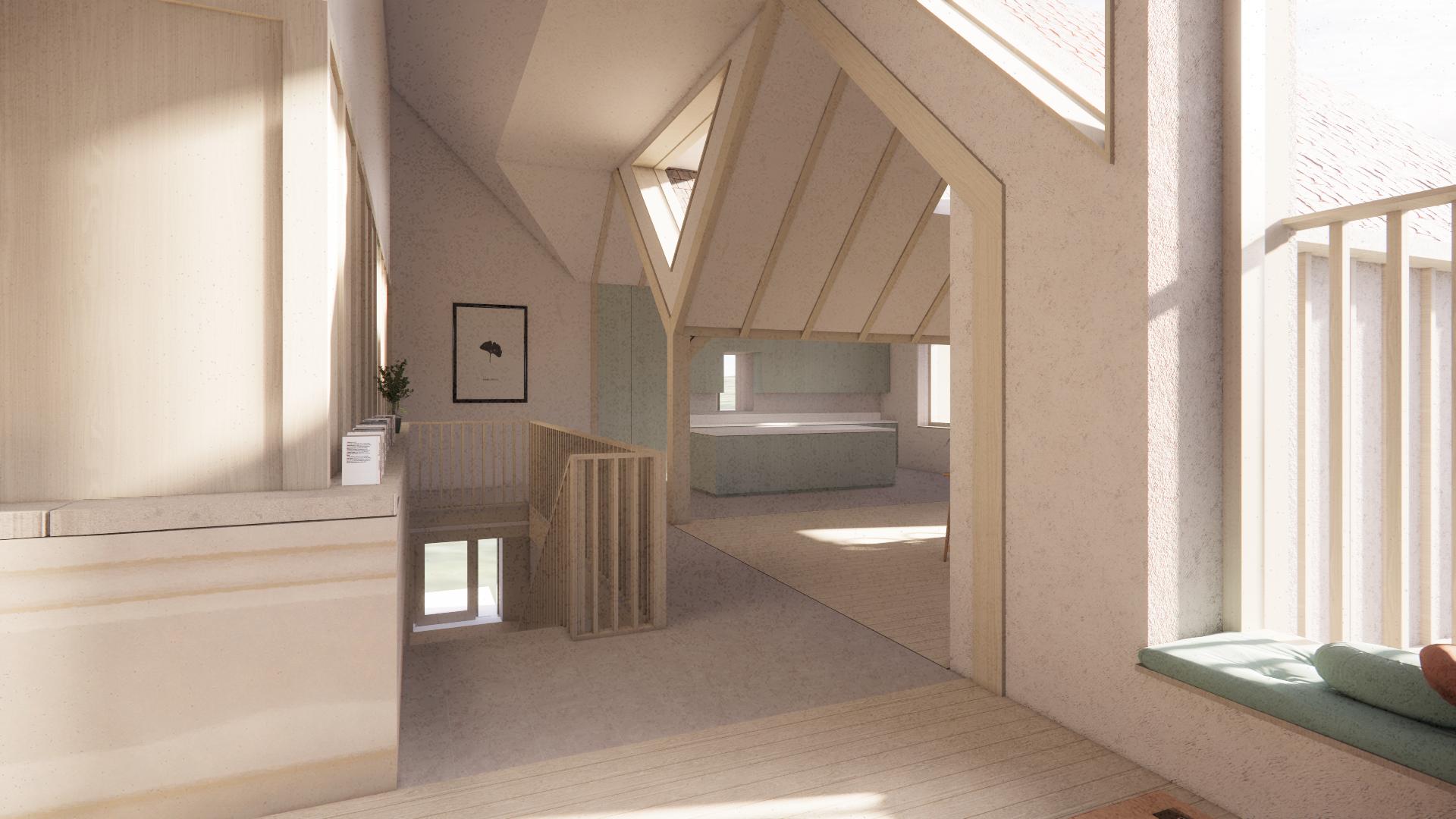 Interior view of upstairs living space with natural materials