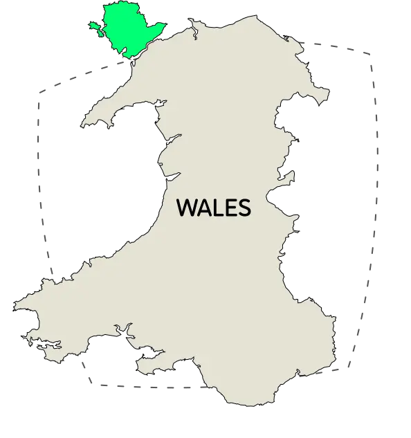 A map of Wales with The Isle of Anglesey highlighted in green