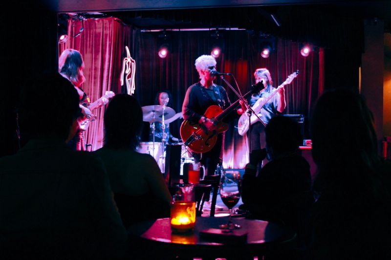 photo taken from audience. past silhouettes of attendees is the band on stage, cass greaves in centre