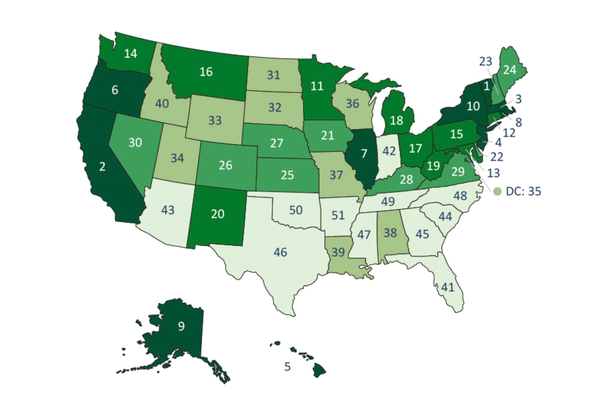 Map of state union rankings (Graphic by Fordham)