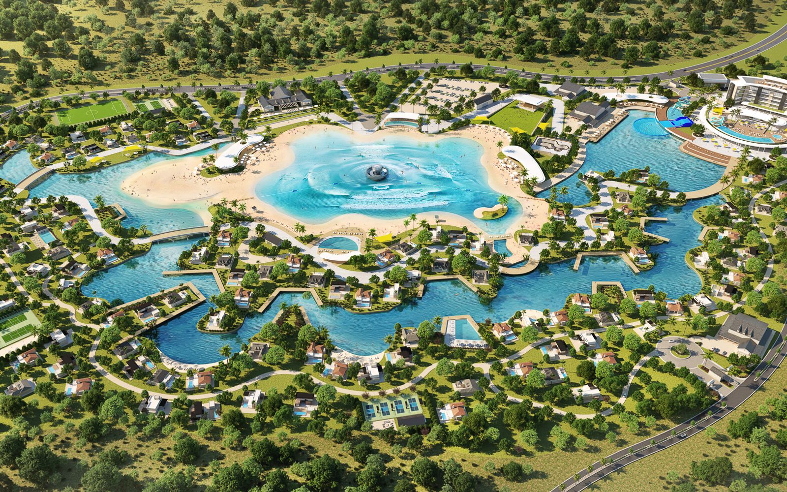 Rendering of a Surf Lakes concentric wave lake with the central plunger