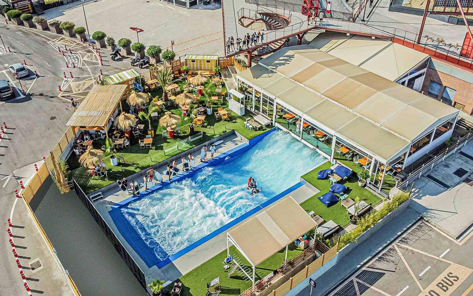 Honna Surf Hub from above: the Citywave pool beside the terrace bar and seating.