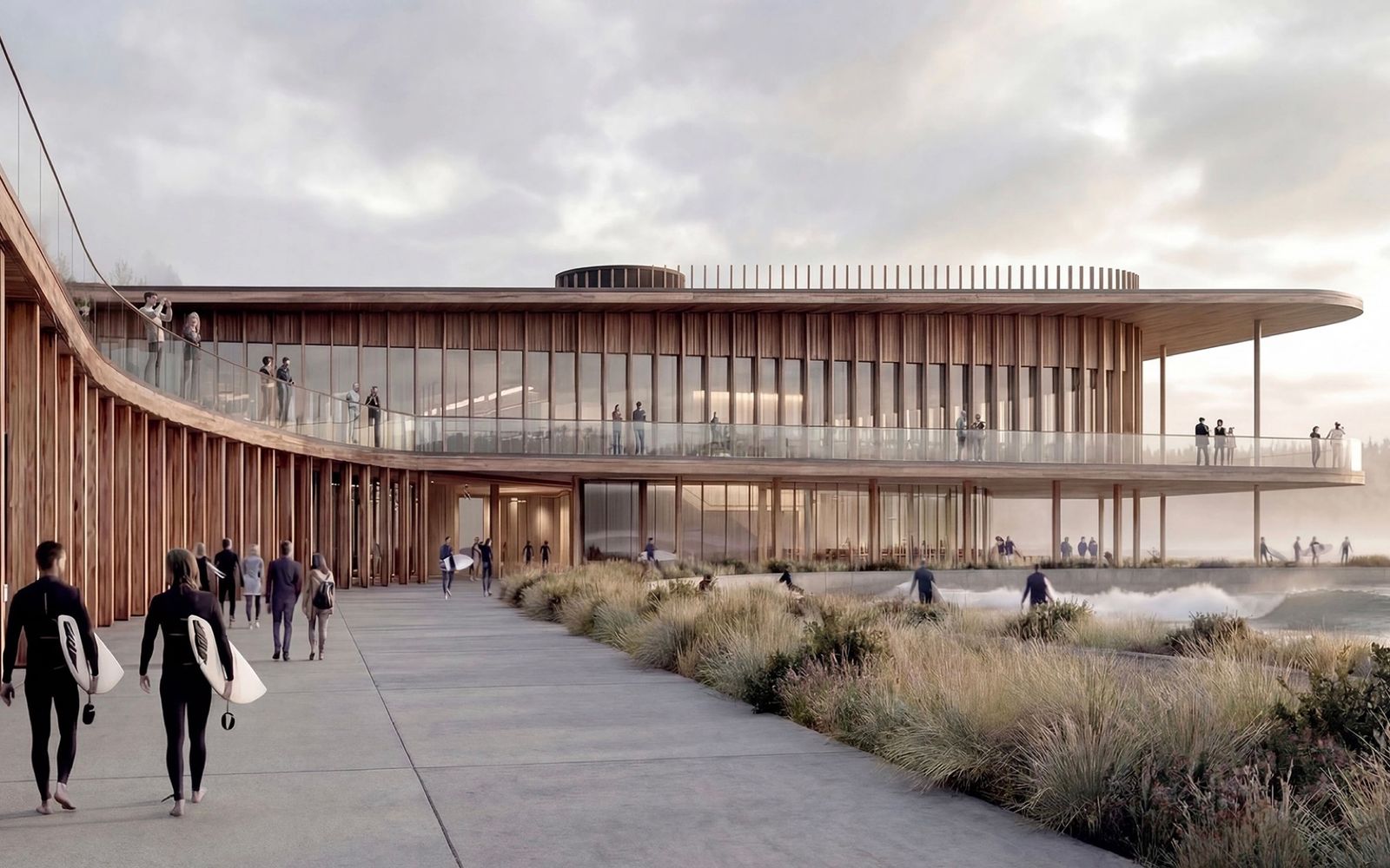 The Hub building and lagoon, with the surf academy, food and drink, and retail under one roof.