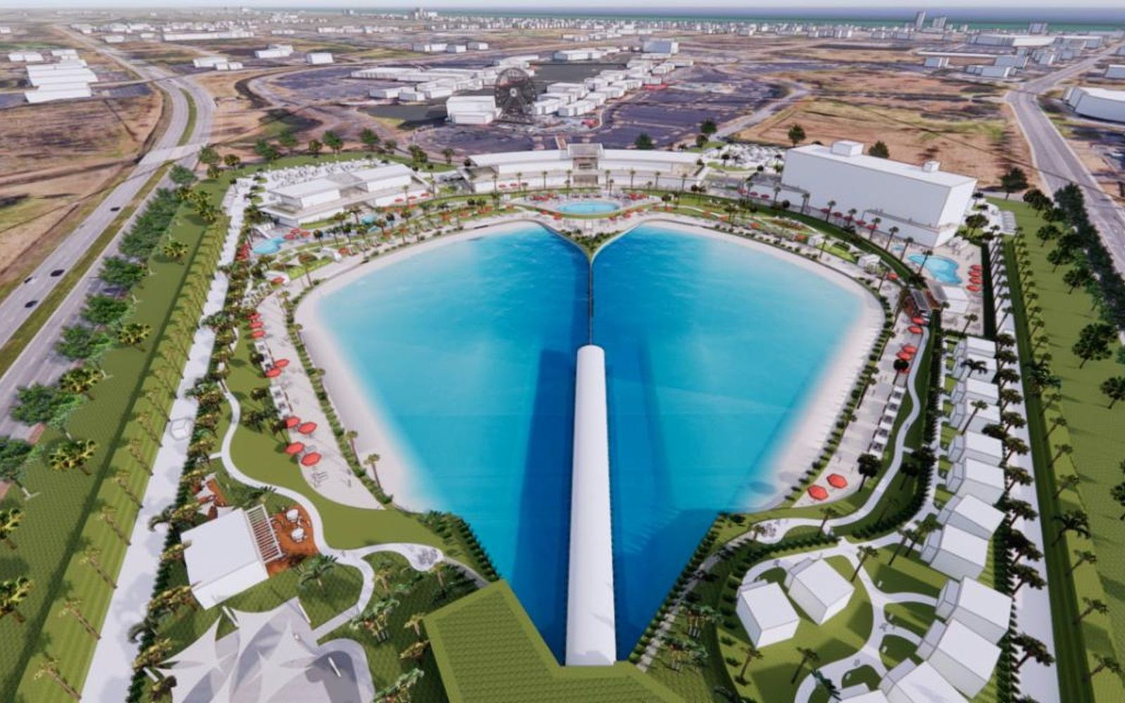 The Cove from the west, with the central pier that splits the lagoon into two rideable sides and Broadway at the Beach behind it.