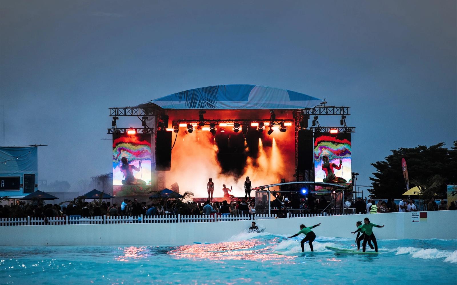 The lagoon doubles as an events venue, here set up for a concert.