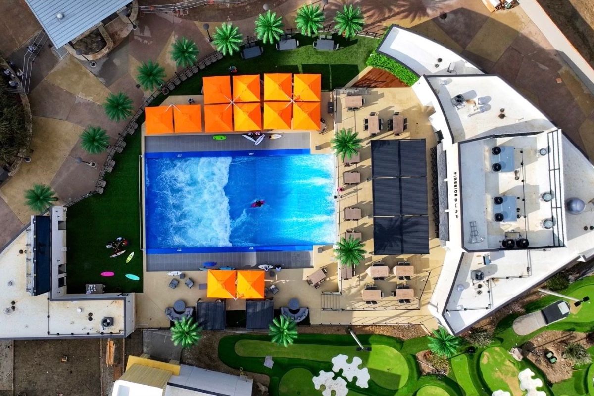 The Surf Lounge at PopStroke surf park in The Colony, Texas, USA