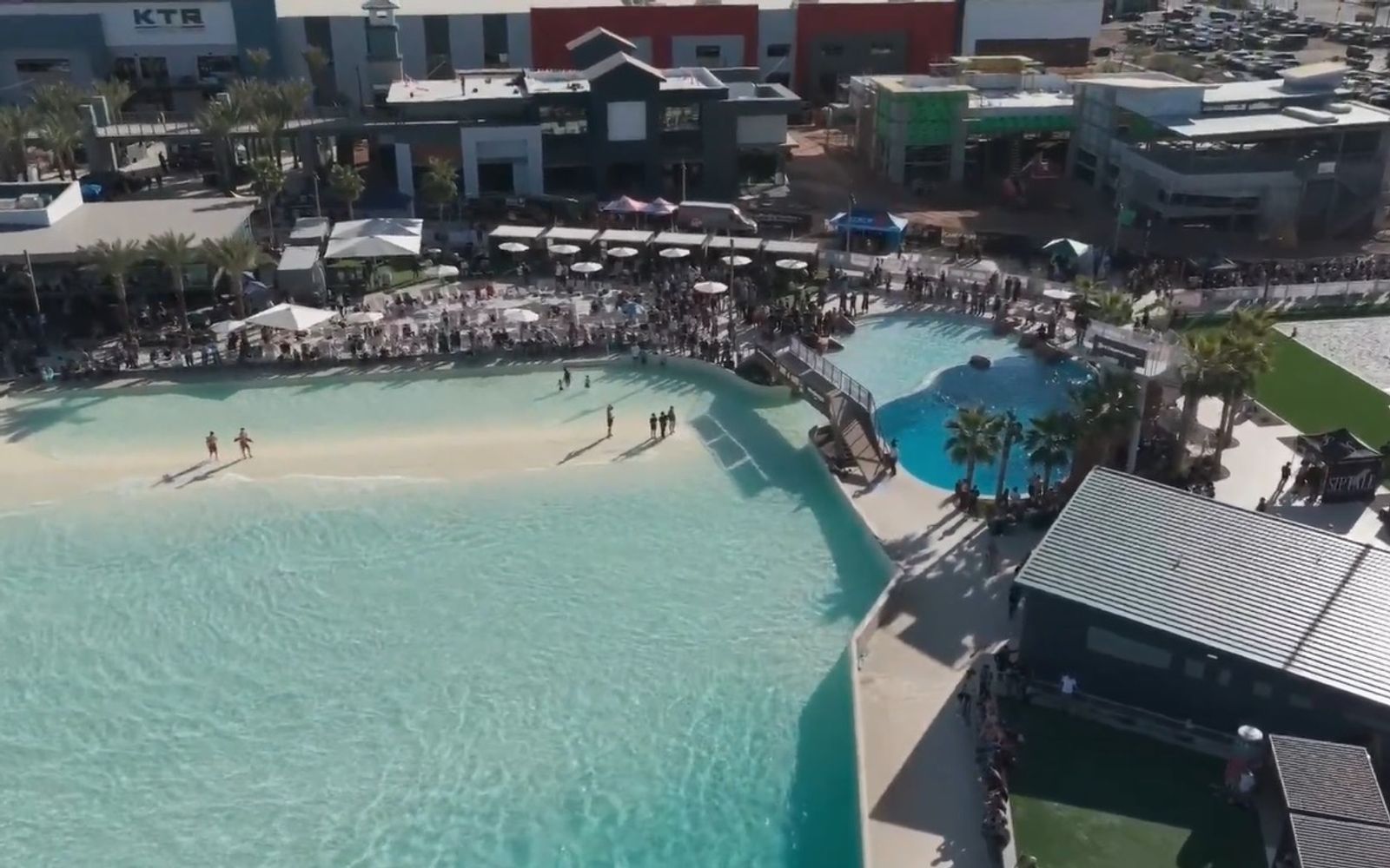 Aerial of the SwellMFG lagoon at Revel Surf in Mesa, Arizona