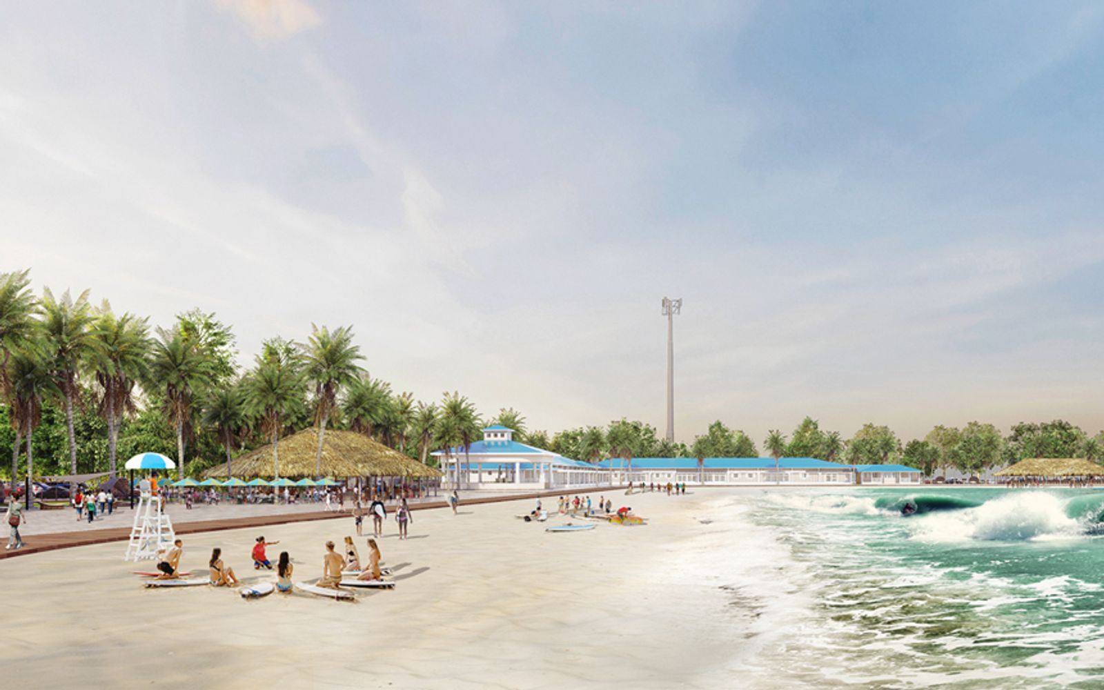 A rendering of the beach and boardwalk, with surfers riding waves along the central wave wall.