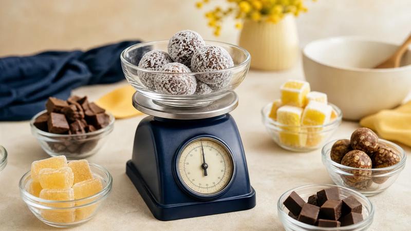 Assorted sweets portioned into small glass dishes on a kitchen scale, clean and neutral.
