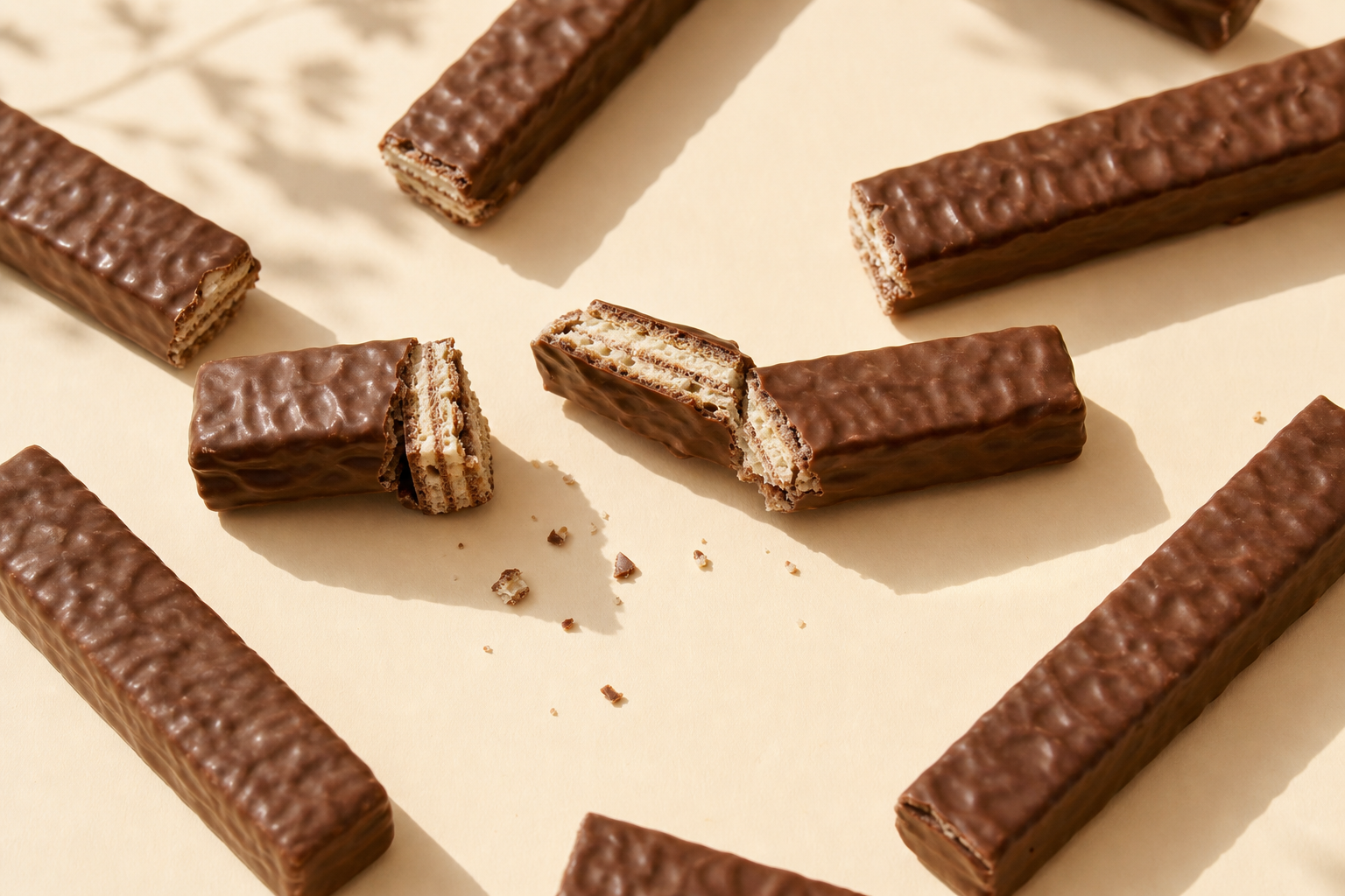 Wafer chocolate bar fingers showing crisp layers