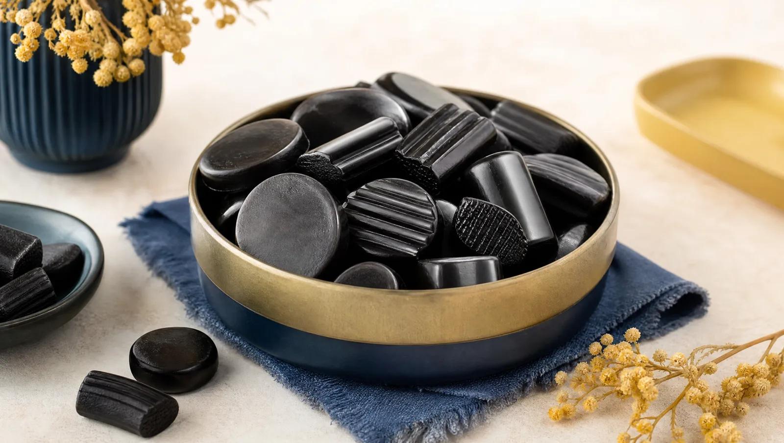 Glossy black boiled licorice pastilles and lozenges in a shallow tin.