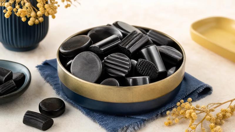 Glossy black boiled licorice pastilles and lozenges in a shallow tin.
