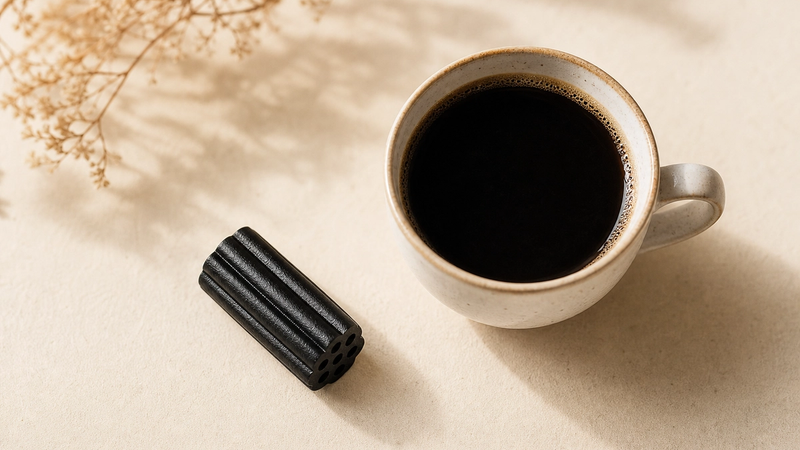 A piece of salty licorice beside a cup of coffee