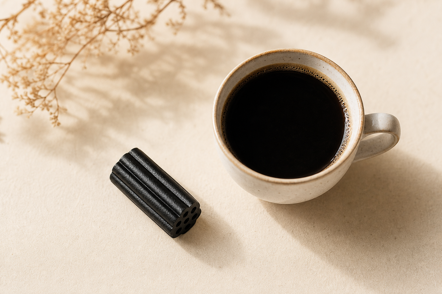 A piece of salty licorice beside a cup of coffee