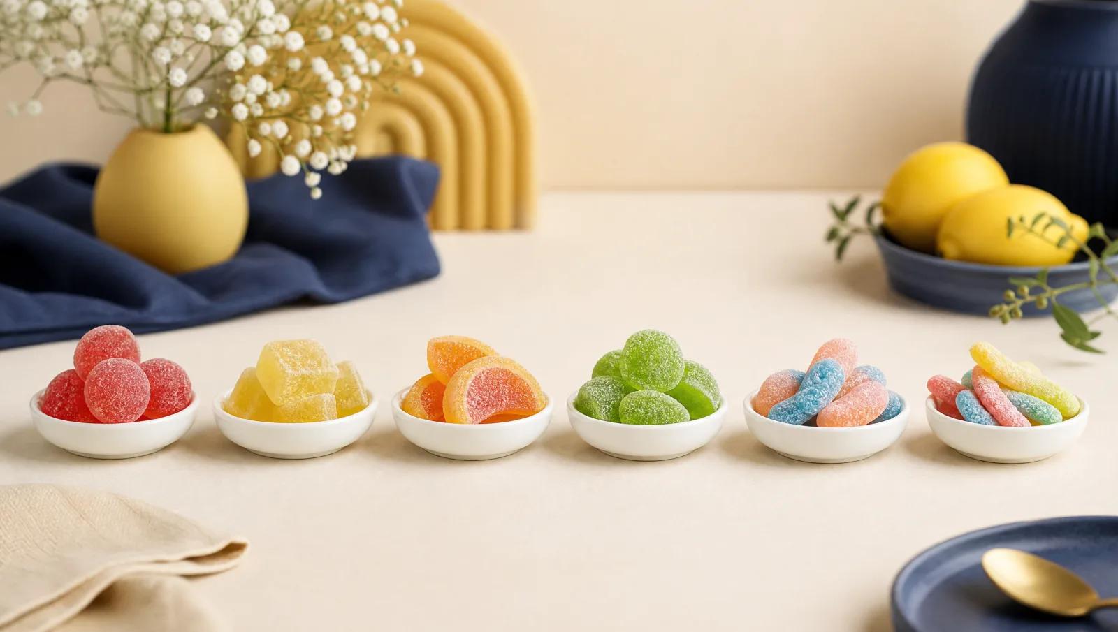 Six sour sweet styles in small white tasting dishes arranged in a row.