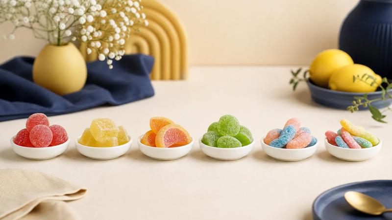 Six sour sweet styles in small white tasting dishes arranged in a row.