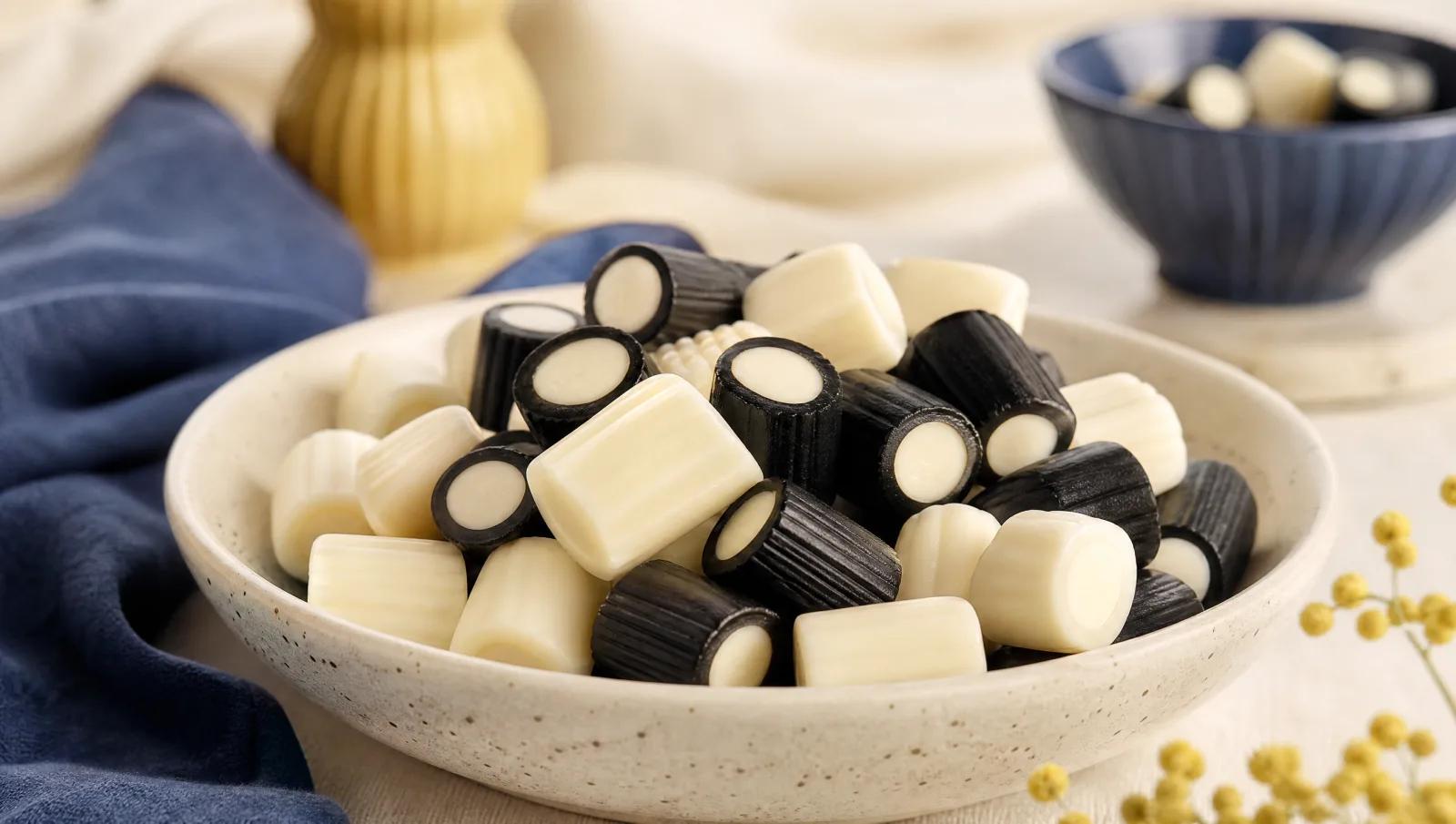 Cream-filled white and black licorice pieces sliced to show the pale centre.