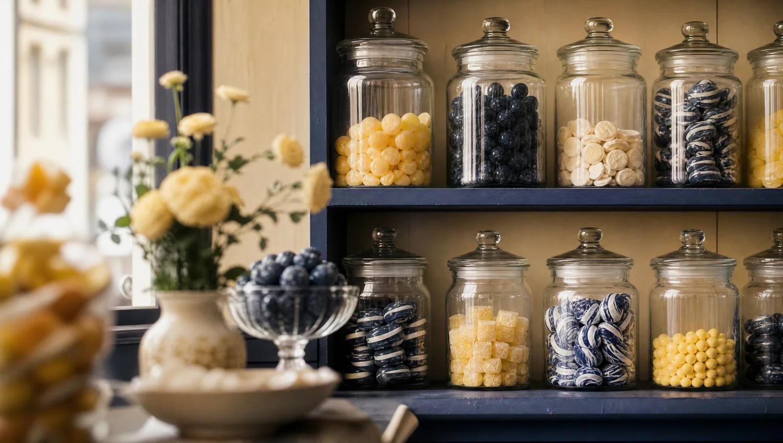 Corner-store style shelf of glass candy jars, soft window light, cream and navy tones.