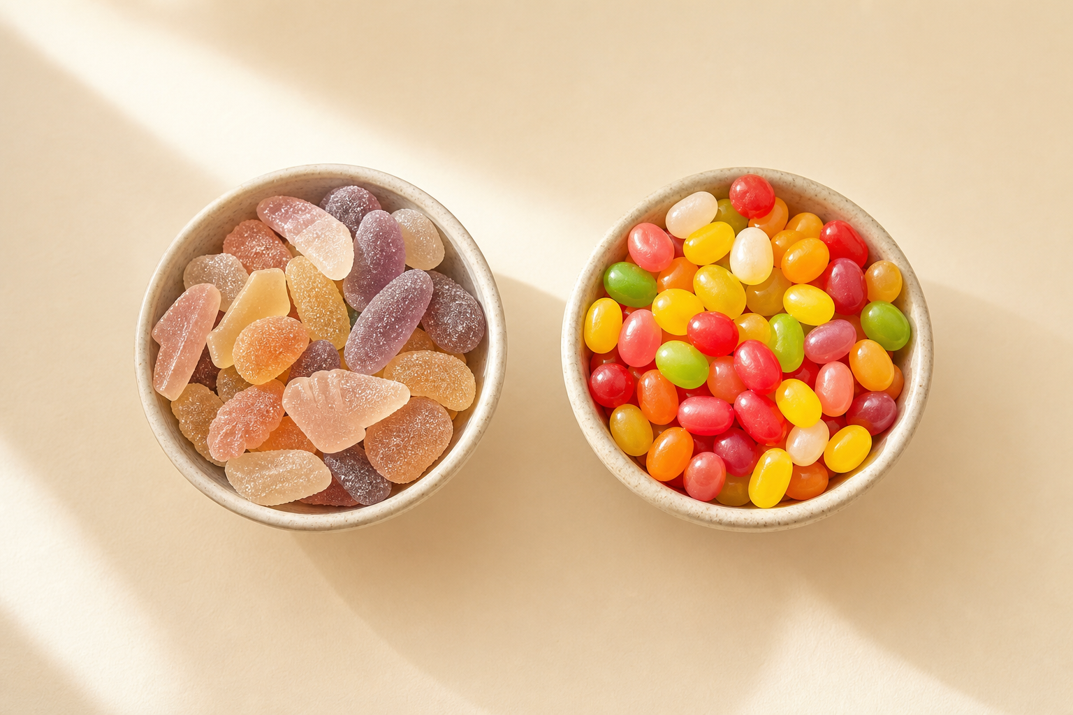 Two bowls of candy compared side by side