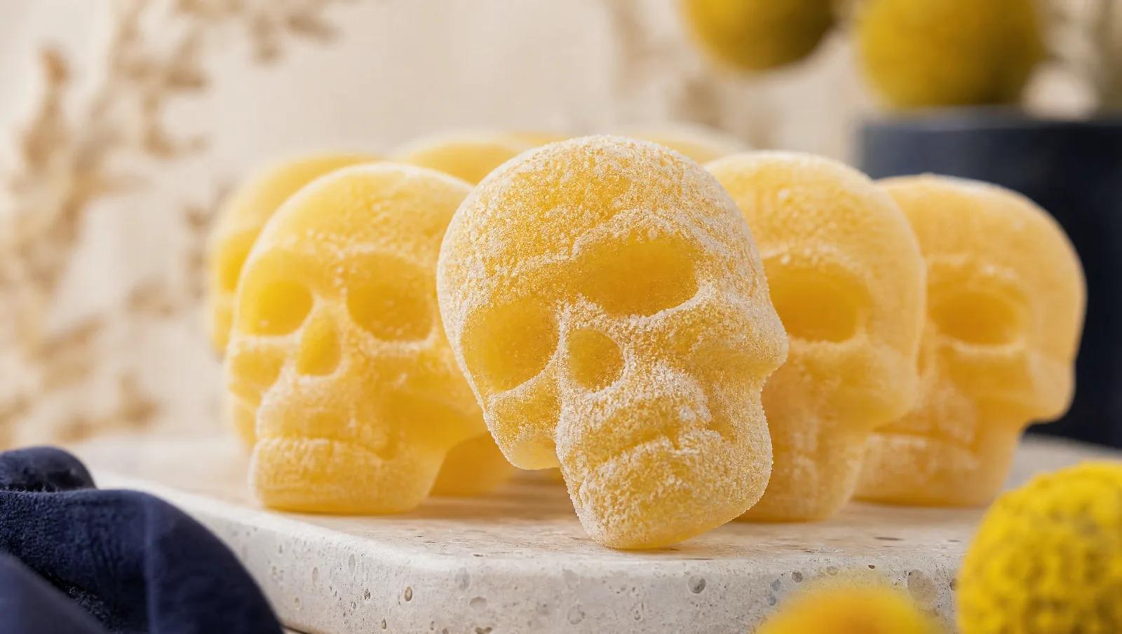 Macro close-up of sugar-coated skull-shaped gummy sweets in rows, one tilted forward in focus.
