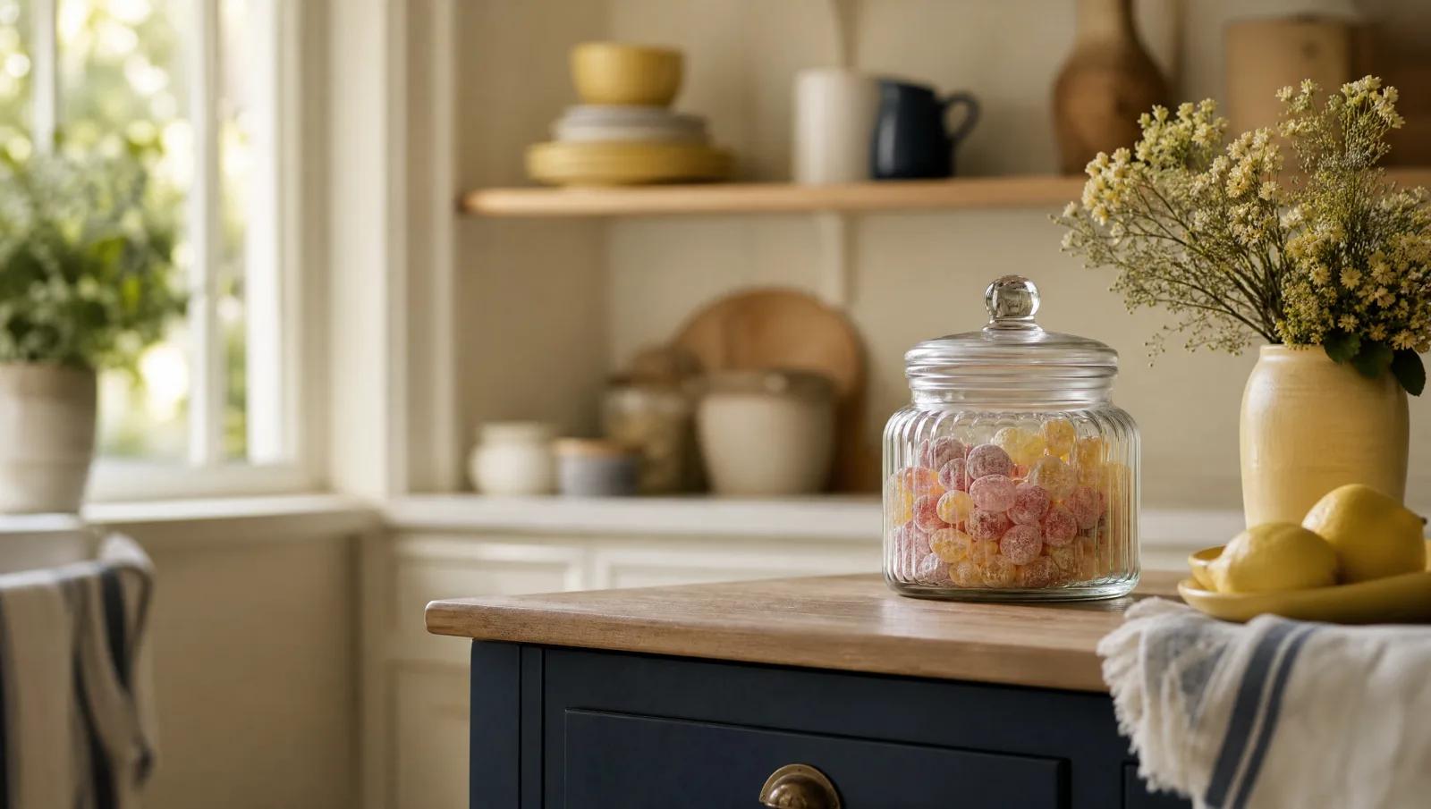 A closed candy jar on a kitchen counter well out of reach, calm domestic scene, no animals.