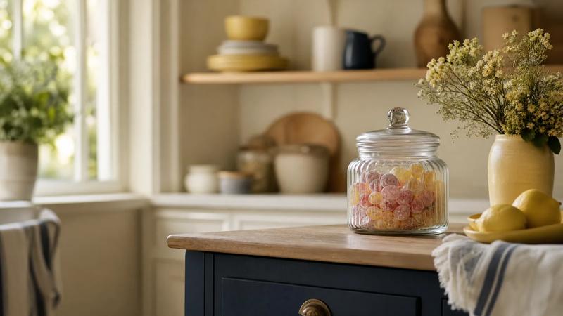 A closed candy jar on a kitchen counter well out of reach, calm domestic scene, no animals.