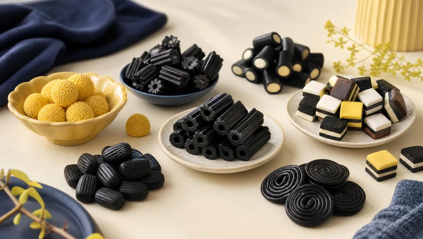 An assortment of licorice shapes grouped into distinct clusters across a cream surface.