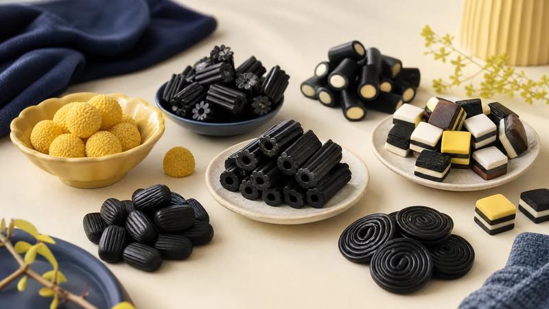 An assortment of licorice shapes grouped into distinct clusters across a cream surface.