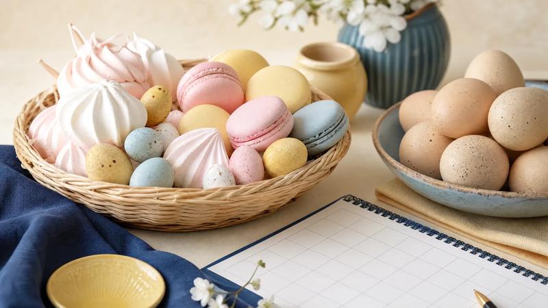 Pastel spring sweets in a shallow basket beside plain speckled eggs.