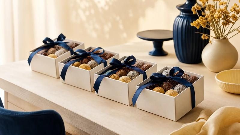 Row of identical plain gift boxes of sweets tied with navy ribbon on a desk.