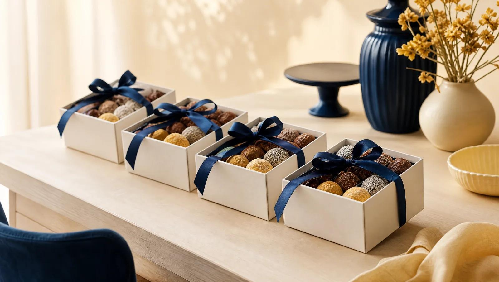 Row of identical plain gift boxes of sweets tied with navy ribbon on a desk.