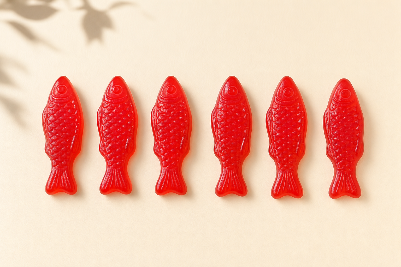 Red Swedish Fish gummy candies arranged in a row