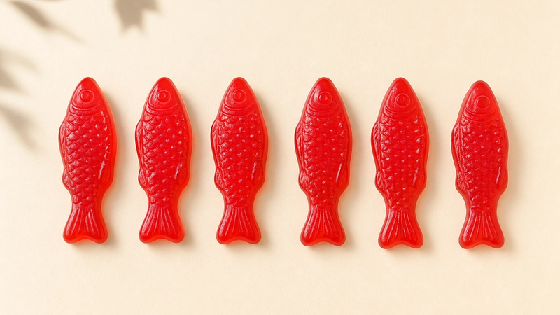 Red Swedish Fish gummy candies arranged in a row