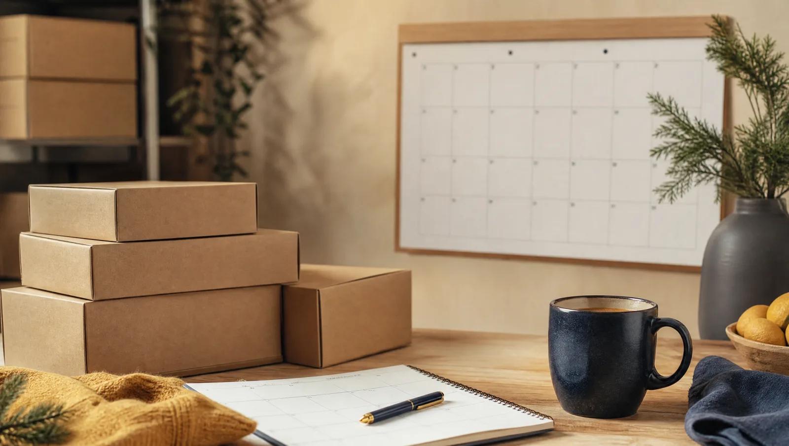 Plain cartons stacked beside a wall planner and a mug of coffee.