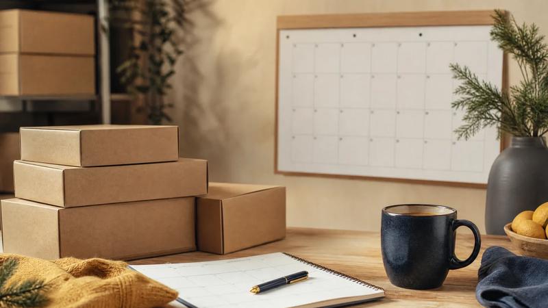 Plain cartons stacked beside a wall planner and a mug of coffee.