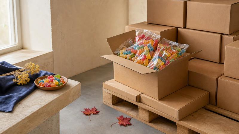 Plain shipping cases on a pallet, one open to show bags of gummy candy, with red maple leaves nearby.