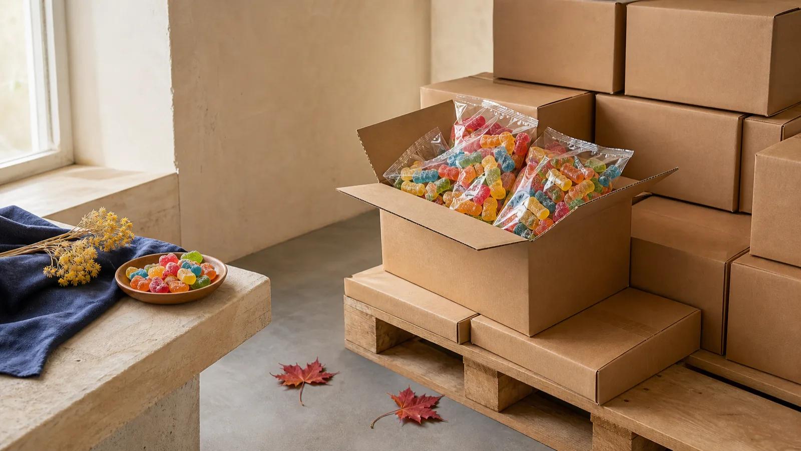 Plain shipping cases on a pallet, one open to show bags of gummy candy, with red maple leaves nearby.