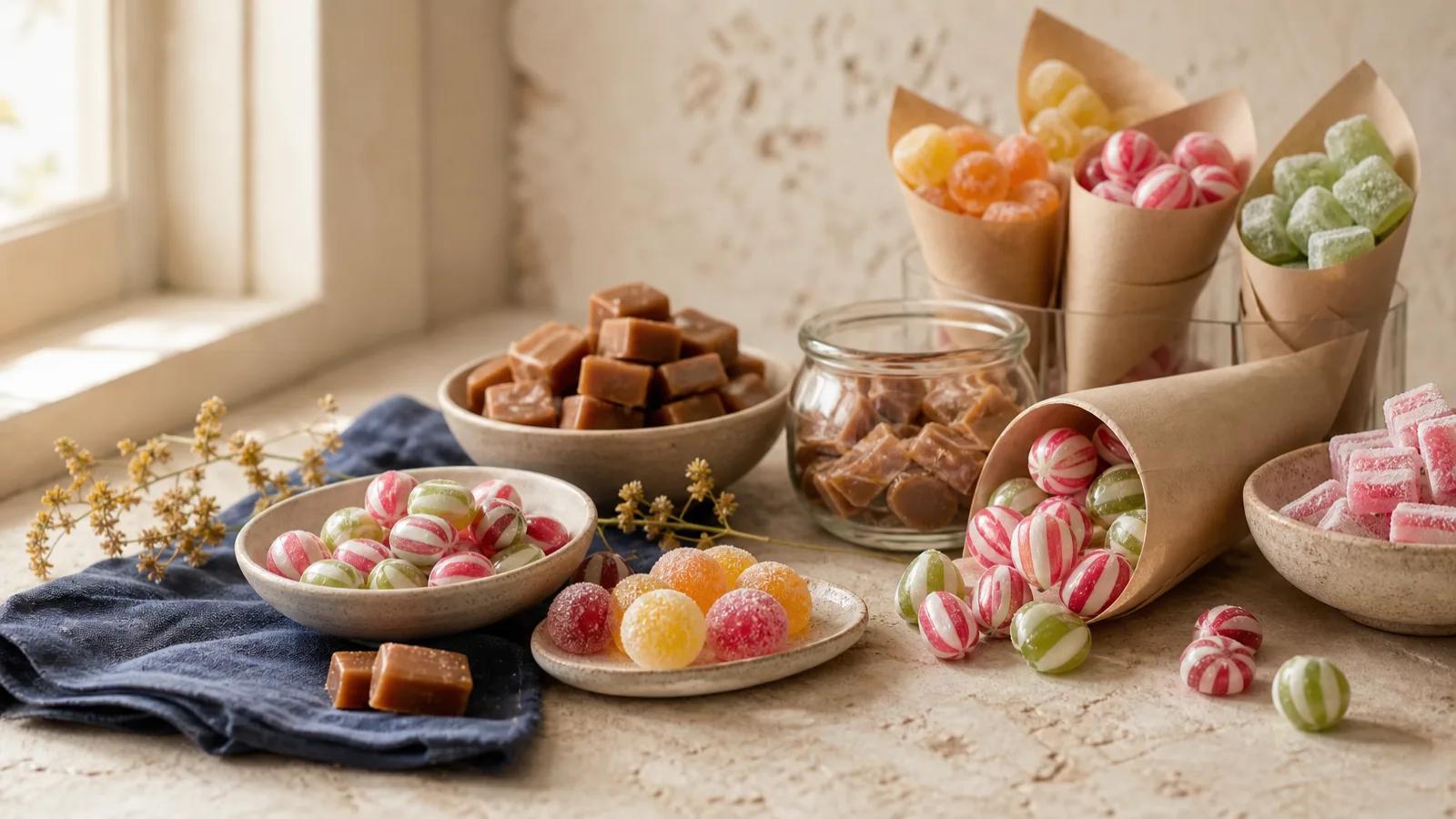 A nostalgic still life of old-fashioned European sweets, striped candies and paper cones of pick-and-mix.
