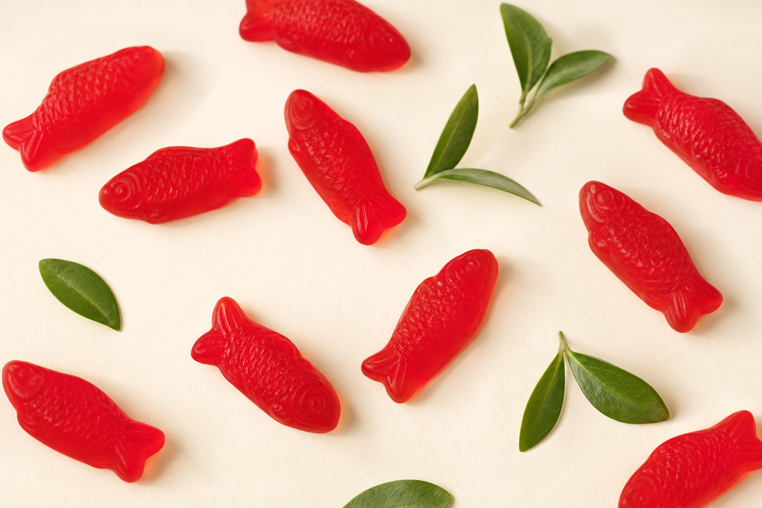 Red Swedish Fish candies with fresh leaves suggesting vegan candy