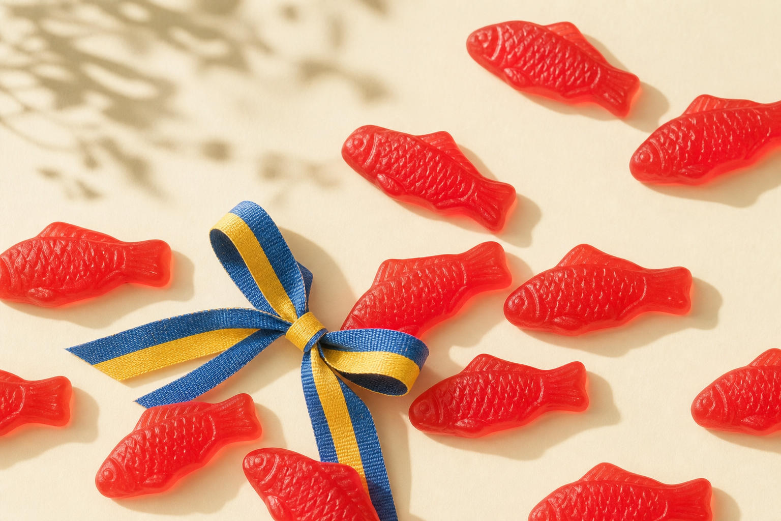 Red Swedish Fish candies in a Scandinavian-styled setting