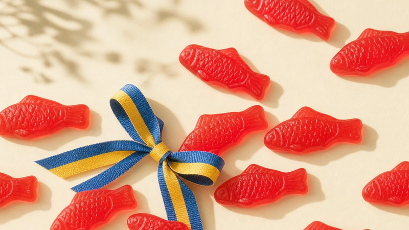 Red Swedish Fish candies in a Scandinavian-styled setting
