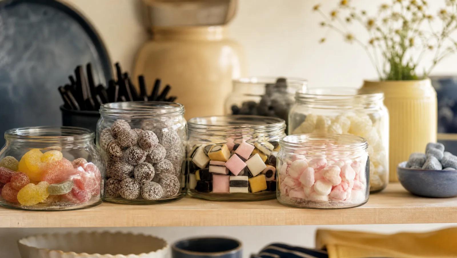Open glass jars of assorted Scandinavian sweets on a shop shelf, warm shallow focus.