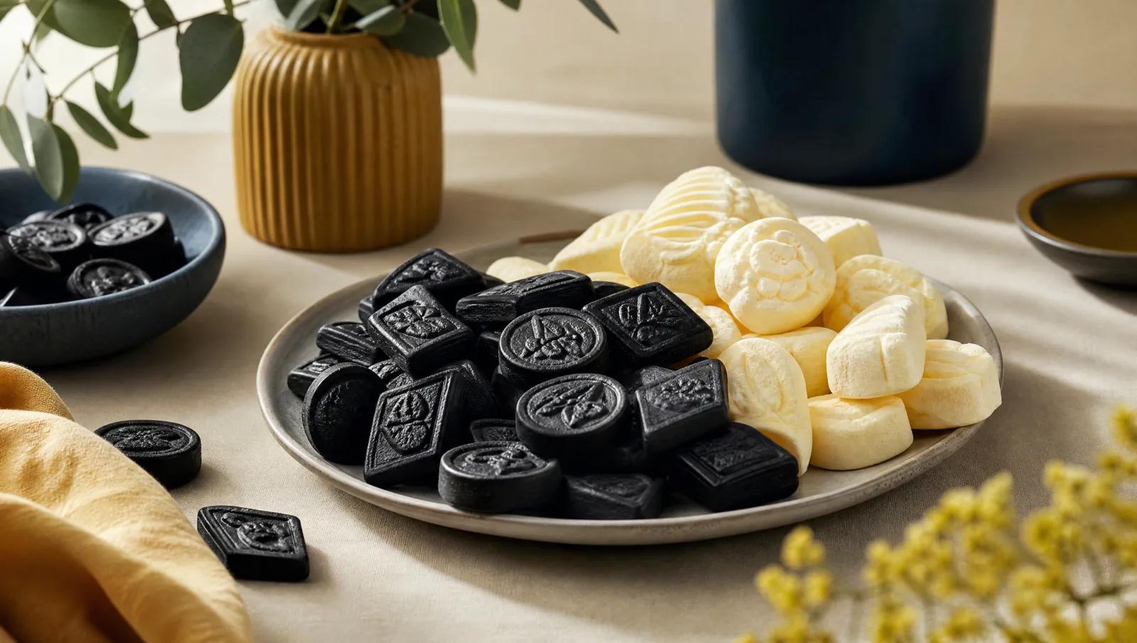 Dark matte liquorice coins and diamonds beside pale foam sweets.