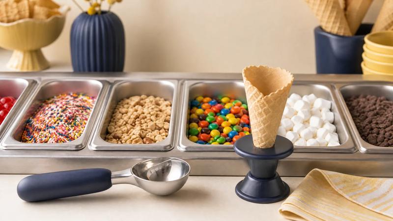 Sweets in stainless topping bins beside a scoop and a plain cone.